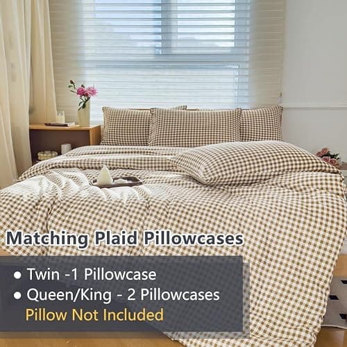 NSNLGSGC Tan Gingham King Comforter Set, 3 Pieces | Brown Grid Bed Comforter, 3 Pieces, 1 Comforter, 2 Pillowcases thumbnail 6