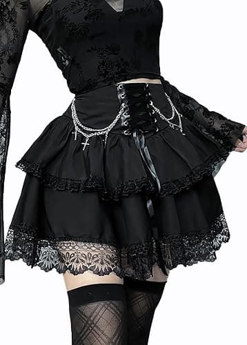 Skirts for Women Lace Up Double Layered Ruffles Skirts Gothic Punk Emo Skirt High Waist Skirt thumbnail 2