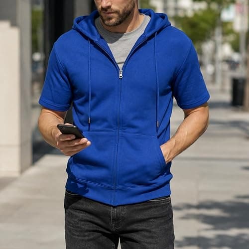 Ohoo Mens Slim Fit Zip up Hoodie Cotton Blend Soft Fabric Short Sleeve Lightweight Comfy Basic Jacket with Kanga Pocket thumbnail 3