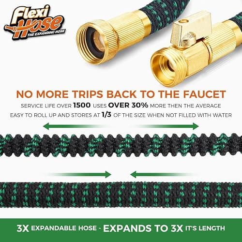 Flexi Hose with 8 Function Nozzle, 50FT - Lightweight Expandable Garden Hose, No-Kink Flexibility, 3/4 Inch Solid Brass Fittings and Double Latex Core - Black and Green thumbnail 3