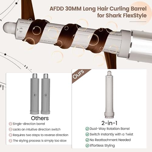 AFDD 1.2in Long Hair Curling Barrel Attachment Compatible with Shark FlexStyle, Self-Curling Accessories for Shark Flex Style HD400 Series with Both Curl Directions for Defined Curls thumbnail 6