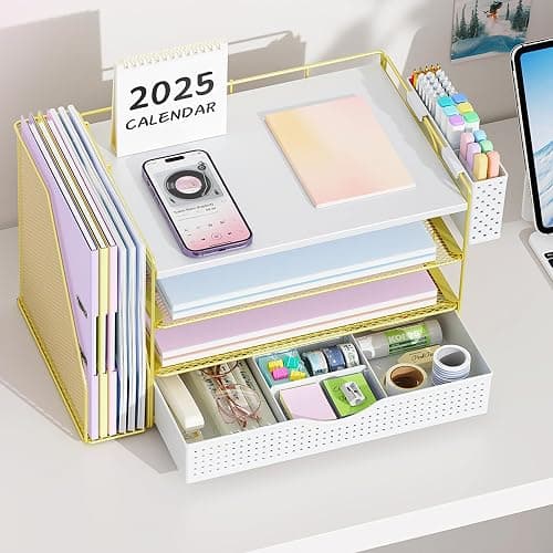 gianotter Wood Desk Organizers and Accessories with File Holder, 4-Tier Desk Accessories & Workspace Organizers with Drawer and Pen Holder, Desk Reference Organizer (Gold, 4T with Drawer) thumbnail 2