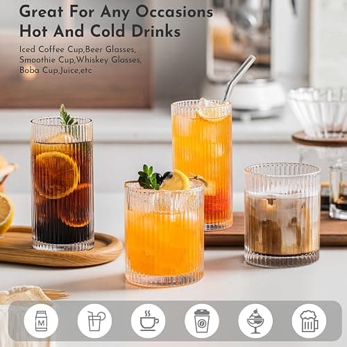 INSETLAN 12Pack Piece Ribbed Glassware - 6 Highball Glasses 12 oz, 6 Rocks Glass Cups 14 oz, Vintage Cocktail Drinking Glasses, Ideal for Wine, Juice, Water, Ice Coffee Cup, Whiskey, Mixed Drinkware thumbnail 5