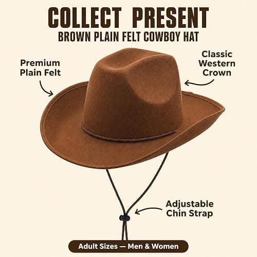 COLLECT PRESENT Plain Felt Cowboy & Cowgirl Hat for Men and Women | Western Studded Cowboy Hat in Adult Sizes thumbnail 3