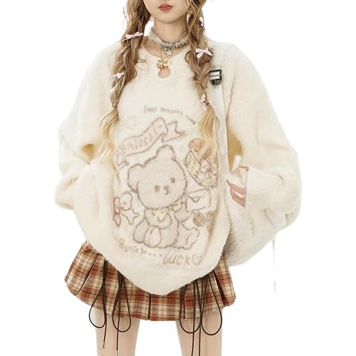 Cuteighteen Kawaii Cartoon Bear Sweaters Women Winter Cutecore Clothes Y2K Casual Loose Fit Soft Fuzzy Knit Pullover Top - Image 1