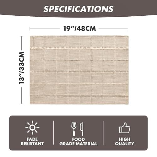 ZeeMart Linen Checked Placemats Set of 6, Plaid Embroidery Textured Table Mats, Double Layer Thick Farmhouse Rustic Place Mats for Kitchen Dining Table Home Decor, Beige 13x19 Inch thumbnail 2