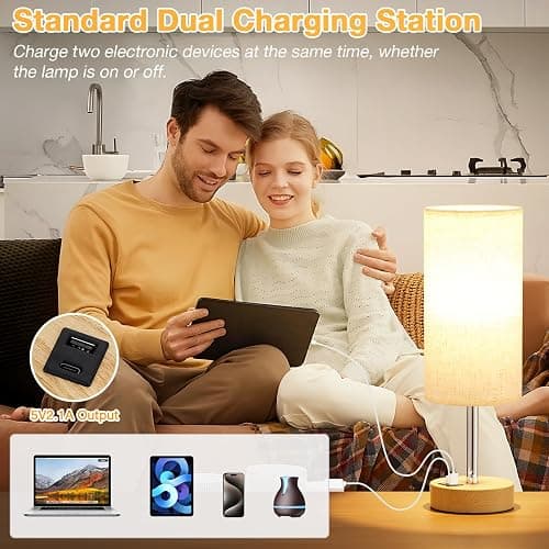 Dicoool Bedside Table Lamp for Bedroom - 3-Way Dimmable Touch Lamp, USB A+C | LED Bulb Included, 14" Small Nightstand Lamp for Desk, Living Room, Guest Room, Cream Fabric Lampshade, Wood-Grain Metal Base thumbnail 4