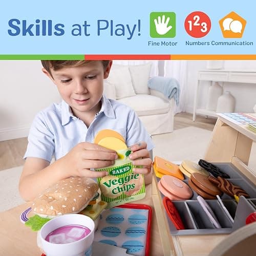Melissa & Doug Slice-Stack-Serve, Wooden Sandwich Counter Pretend Play Store with Play Food Toys, Play Money & Deli Slicer, Preschool Toys for Kids 3+ thumbnail 6