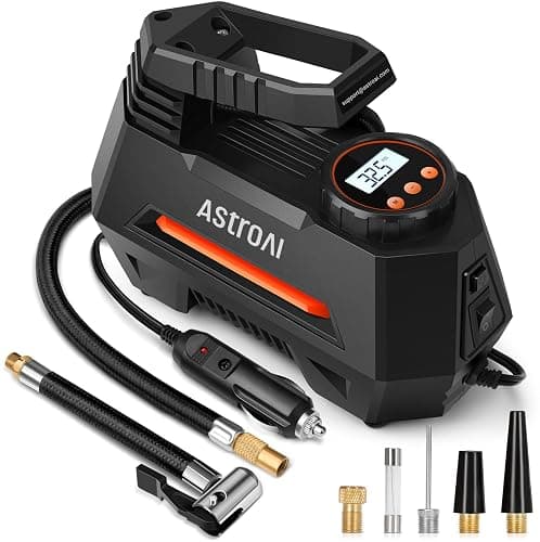 AstroAI Tire Inflator Portable Air Compressor Tire Air Pump for Car Tires - Car Accessories, 9.8Ft 12V DC-Powered Auto Pump with Digital Pressure Gauge, LED Light for Bicycle, Balloons, Orange - Image 1