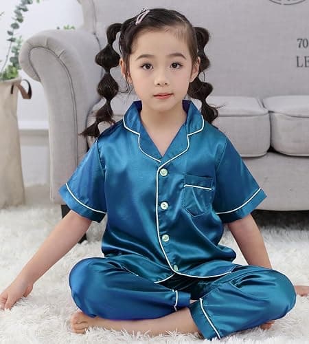 OEIU Girls Boys Silky Satin Pajamas Set 3 Pcs for Kid Children Silk pjs Set Sleepwear Button-up Nightwear thumbnail 5