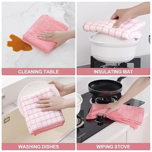 Homaxy Premium Cotton Kitchen Towels 16"x 28", Large Natural Ring Spun 390 GSM Dish Towels, Super Absorbent Terry Kitchen Hand Towels, Soft Tea Towels with Hanging Loop, Pink Check Design, 6 Pack thumbnail 6