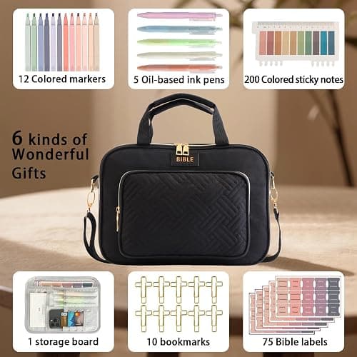 Bible Cover for Women Bible Case, Large Bible Bag, Bible Study Supplies Bible Journaling Kit Book Carrying Case with Bible Highlighters Tabs, Valentines Day Christian Gifts for Women (Black) thumbnail 4