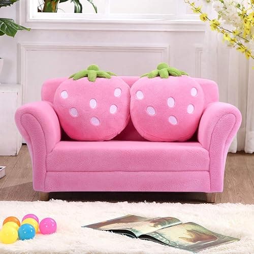 Costzon Kids Couch, Double Seat Pink Children's Sofa with 2 Strawberry Pillows, Toddler Armrest Chair for Bedroom, Living Room, Large Soft for Kids Loveseat Toy for Baby Girls Preschool Gifts Presents thumbnail 6