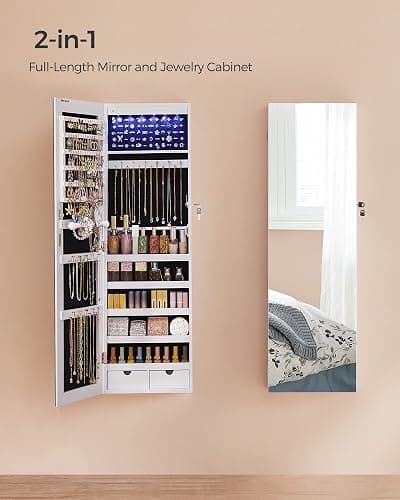 SONGMICS Hanging Jewelry Cabinet, Wall-Mounted Cabinet with LED Interior Lights, Door-Mounted Jewelry Organizer, Full-Length Mirror, Gift Idea, White UJJC99WT thumbnail 4