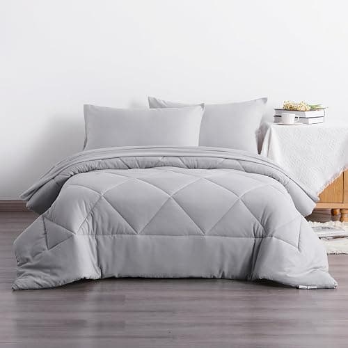 NTBAY Twin Comforter Set with Sheets, 5 Pieces Soft and Breathable Twin Bedding Set, Twin Bed in a Bag, Down Alternative Comforter Set Solid Color All Season, Kids Bedding Set, Light Grey thumbnail 2