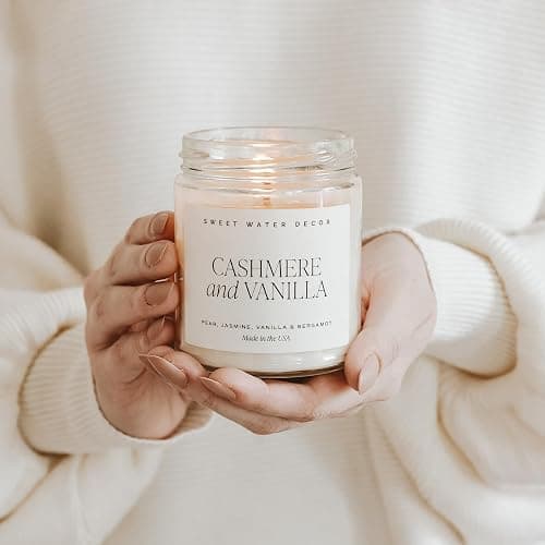 Sweet Water Decor Cashmere and Vanilla Soy Candle - Jasmine, Soft Cashmere, Sandalwood, Vanilla Scented Spring Candle for Home - 9oz Clear Jar with Lid, 40+ Hour Burn Time, Made in The USA thumbnail 5