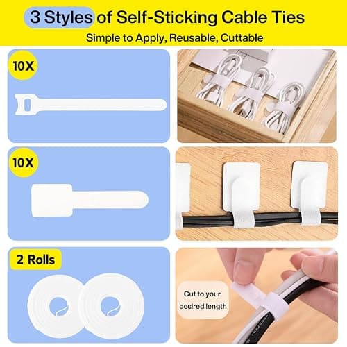 [313Pcs] Cable Management Kit, 67 Adhesive Cable Clips, Topavatop Desk Cord Organizer, 22 Reusable Cable Strap, 4 Cable Sleeve Split, 200 Nylon Cable Zip Ties with 20 Mounts for TV Office Home, White thumbnail 5