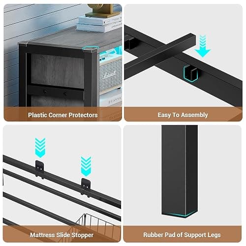 Hasuit Twin Corner Bed Frame with Storage Drawers and Bookcase Headboard, Twin Size Metal Platform Corner Bed Frame with Charging Station and LED Lights, Twin Daybed for Kids Teens Guests, Oak Gray thumbnail 8