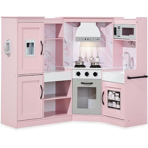 Best Choice Products Pretend Play Corner Kitchen, Ultimate Interactive Wooden Kids Playset w/Lights & Sounds, Ice Maker, Hood - Pink - Image 1