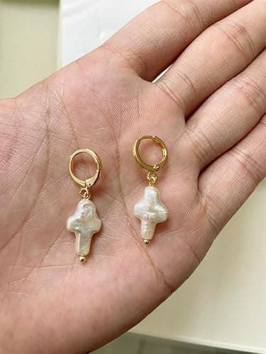 Iutymu Nature Freshwater Pearl Cross Earrings Elegant Christian Pearl Jewelry, Beachy Pearl Jewelry, Cross Pearl Earrings, Baroque Pearl Earrings thumbnail 5