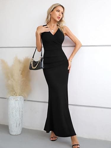 Laughido Robe de cocktail/de soirée/portefeuille/d'été/de fête/de mariage, élégante, longue, moulante, pour femme thumbnail 4