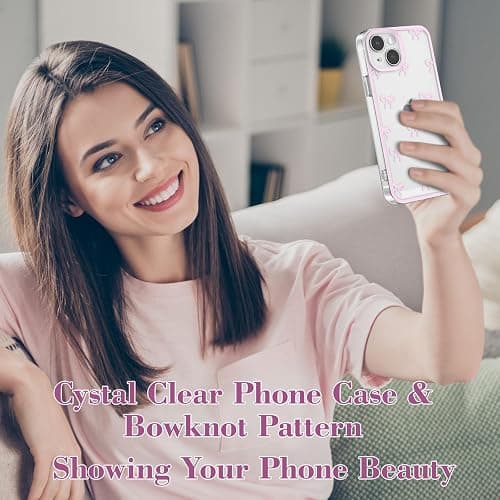 EYZUTAK Case for iPhone 13, Clear Cute Ribbon Bowknot Pattern Aesthetic Transparent Phone Case Raised Camera Protection Stylish Slim Soft Durable TPU Protective Cover for Women Girls - Pink thumbnail 7