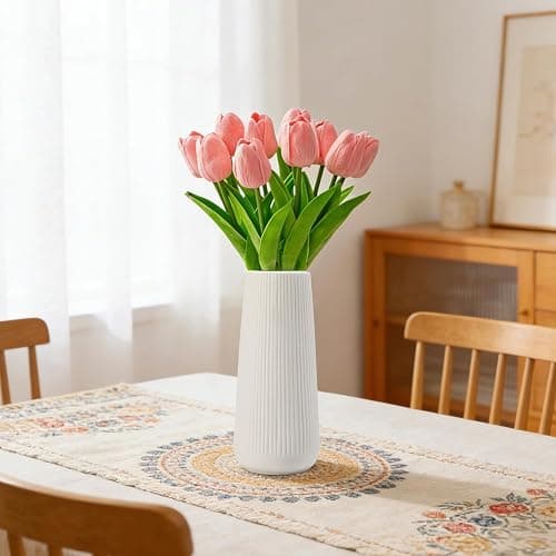 Ceramic Vase for Flower, Pampas Grass Vase, 7.8''H Ribbed Decor Vase, White | Nordic Minimalist Flower Vase, White Modern Home Office Decor Vases, For Living Room, Dining Table, Bedroom, Kitchen Shelf thumbnail 7