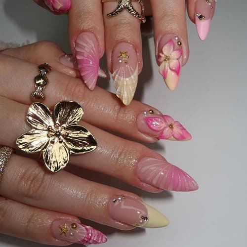 24Pcs French Tip Press on Nails Medium Almond Fake Nails with Gold Shell Starfish Rhinestones Summer False Nails Pink Hawaii Flower Acrylic Nail Cute Glue on Nails Floral Stick on Nail for Women thumbnail 2