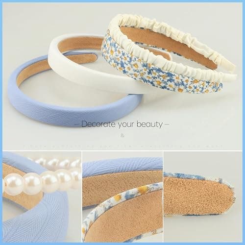 DOXISHRUKY Fashion Headbands Set, 6pcs Pearl Floral Padded Wide Vintage Headbands for Women and Girls (Blue) - Blue thumbnail 3