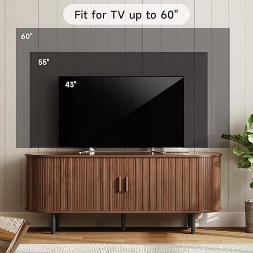 ONBRILL 55" TV Stand with Power Outlet for TVs up to 60 Inch, Entertainment Center with Storage and Adjustable Shelves, Modern Media Console with Sliding Doors for Living Room, Walnut thumbnail 6