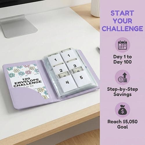 2Pcs 100 Envelopes Money Saving Challenge, Motivational Savings Challenge Binder, Durable Cash Organizer with Inspiring Quotes, Savings Challenges Book to Plan and Save $5,050(Pink+purple) thumbnail 5