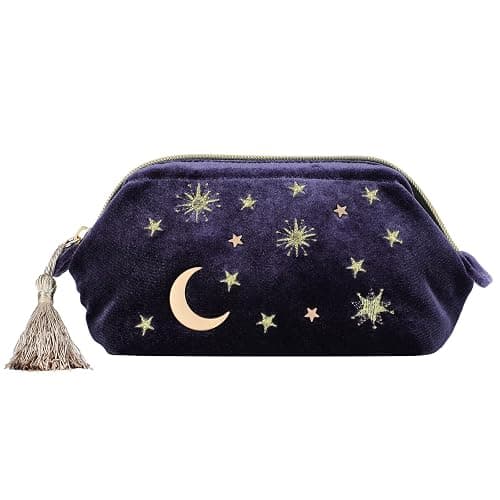 SZZCX Handy cosmetic makeup bag,Navy Velvet Embroidered Applique Moon Stars Cosmetic Bag,Starry Makeup Pouch with Tassels & Pearl Zipper,Beautician Storage Bag thumbnail 2