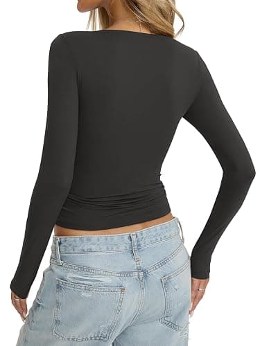 EasyGala Womens Double Lined Seamless Crew Neck Shirts Basic Long Sleeve Tops Sexy Slim Fit T Shirts Casual Fall Clothes thumbnail 6