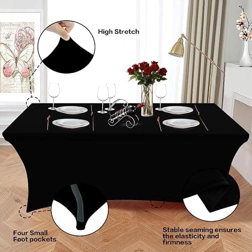 Heochy 2 Pack 6FT Table Cloth for Rectangle Table - Black Tablecloths Rectangular Fitted Stretch Spandex Table Covers 6 ft for Birthday, Cocktail, Wedding, Banquet Christmas Holiday Tablecloth - 70" x 30"-2 pack - Black thumbnail 2