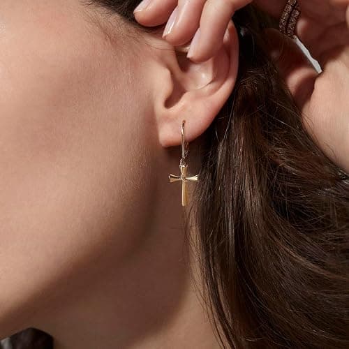 FSLEAD 14K Gold Earring Cross Waterdrop Butterfly Heart Knot Earrings for Women Gold Silver Cross Leverback Drop Gold Silver Teardrop Hoop Dangle Earring White Gold Dangle Drop Earring thumbnail 2