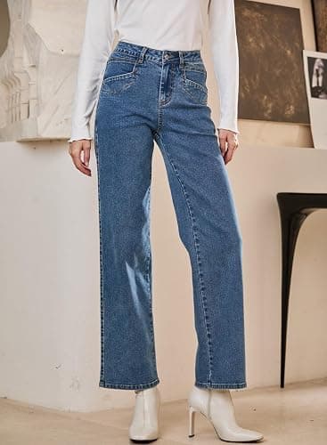 Sidefeel Women's Straight Leg Jeans High Waisted Petite Stretchy Jeans Zimbaplatinum Wide Leg Ankle Denim Pants with Pockets thumbnail 4