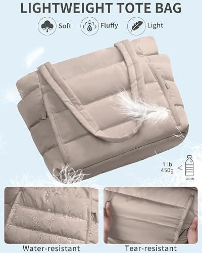 Bagstellar Puffer Tote Bag for Women, Lightweight Puffy Work Handbag Teacher Nurse Quilted Shoulder Bag for School Travel Gym | Cloud Bag w/ Zipper thumbnail 6