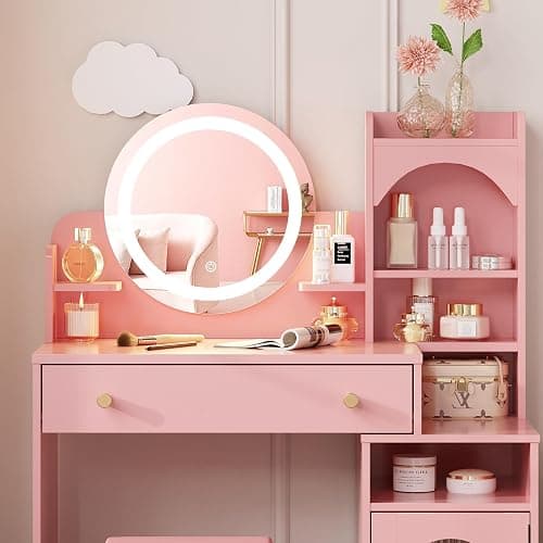 Vabches Kids Vanity Table and Chair Set, Toddler Dressing Table for 5-12 Year Old Little Girls, 2 in 1 Princess Makeup Vanity with Mirror & Lights, Wooden Pretend Play Vanity Desk, Pink thumbnail 5
