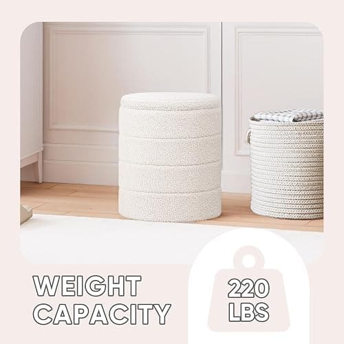 PINPLUS Round Storage Ottoman Foot Rest Stool with Tray Velvet Sherpa Folding Storage Ottoman,Boucle Foot Rest for Living Room, Bedroom, Dorm（White） thumbnail 5