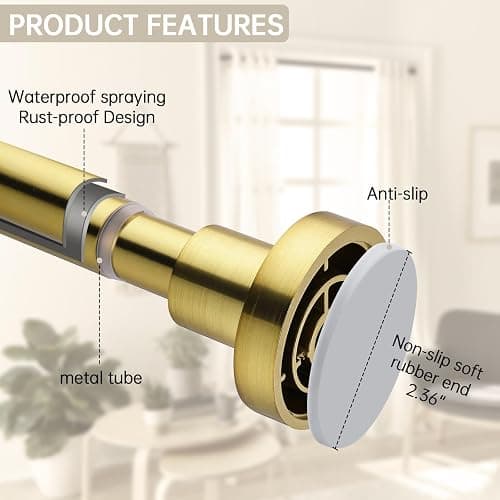 BRIOFOX Shower Curtain Rod Adjustable 18-64 Inch, Spring Tension Shower Rod No Drilling Non Slip, Brushed Gold thumbnail 2