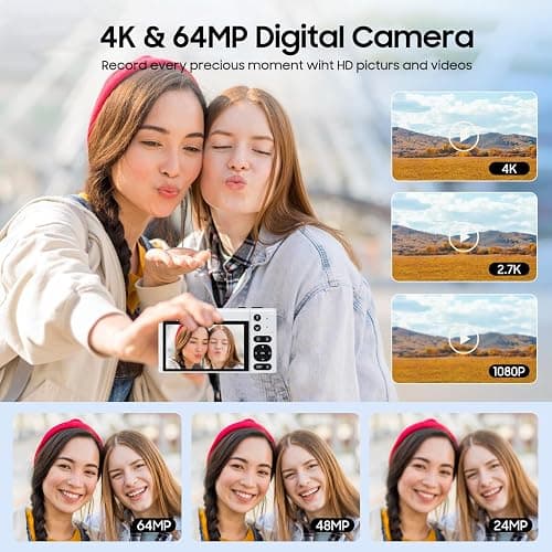 4K Digital Camera, 64MP Vlogging Camera for Photography with 3" 180° Flip Screen, 16X Compact Digital Camera with 64GB Micro SD Card for Beginner (White) thumbnail 2