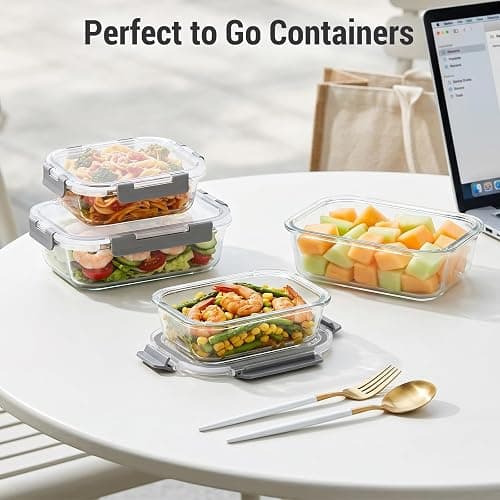 Dealusy 10 Sets (20-Piece) 36 oz & 12 oz Glass Food Storage Containers with lids, Airtight Leak-proof Glass Meal Prep Containers with Lids, Microwave Oven Freezer Dishwasher Safe, Gray thumbnail 7