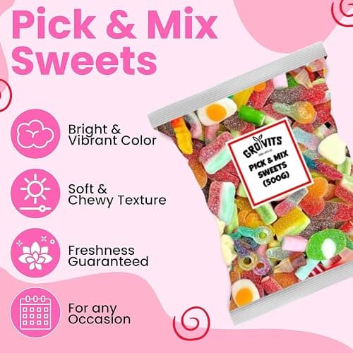 GRO VITS - Pick & Mix Sweets - 500g Pouch Quality Jelly Sweets Classic Retro Candy Selection Assortment Pick and Mix Gummy Gift Bag for Gifting Children & Adults thumbnail 4