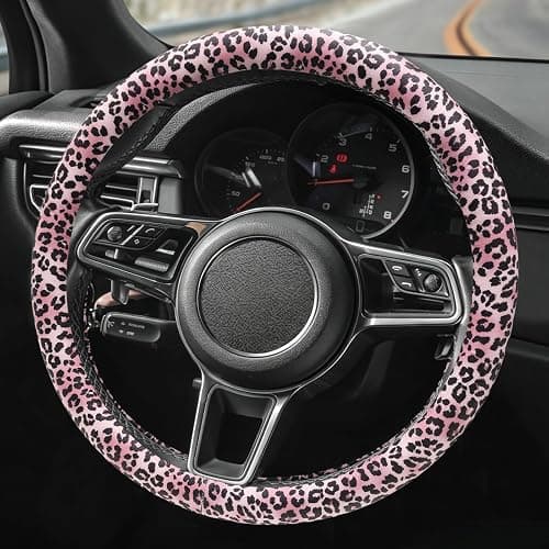 SthExtra Cute Print Steering Wheel Cover with Silicone Inner Ring, Non-Toxic, Odorless Silicone Leather with Non-Fading Pattern for Men Women, Universal 14.5 to 15 Inch (Pink Leopard Print) - Image 1
