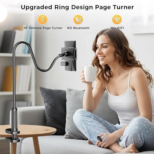 Locthal Kindle Holder with Page Turner Ring, Tablet Holder for Reading Acessories in Bed with Slient Remote Clicker, eReader Stand Compatible with Fire iPad iPhone thumbnail 3