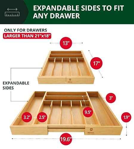 ROYAL CRAFT WOOD Luxury Bamboo Kitchen Drawer Organizer - Silverware Organizer, Utensil Holder & Cutlery Tray Drawer Dividers for Flatware (9 Slot, Natural) thumbnail 2