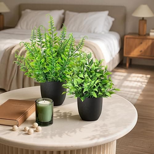 ComRola 4 Pack Small Fake Plants in Black Pots Fern Grass Mix | Faux Artificial Indoor Greenery, Realistic Mini Foliage for Bathroom Decor, Office Shelf & Console Table thumbnail 2