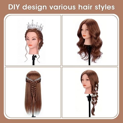 Mannequin Head with 100% Human Hair, TopDirect Real Hair Cosmetology Mannequin Head Hair Styling Hairdressing Practice Training Doll Head with Clamp Holder and Tools (Dark Brown) thumbnail 2