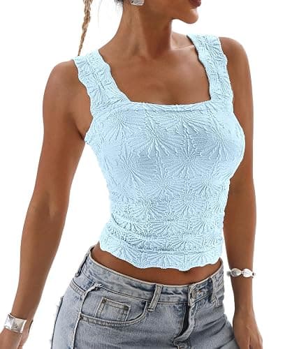DouBCQ Women Cute Crop Tank Top Square Neck Wide Strap Vest Slim Fit Floral Lettuce Trim Cropped Cami Tops thumbnail 4