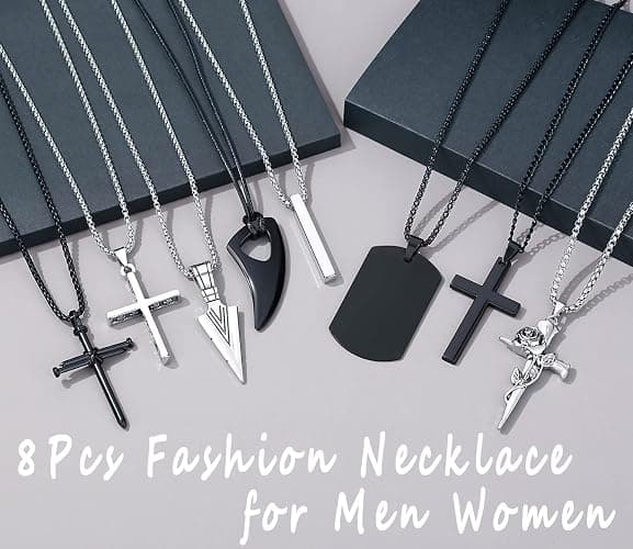 MAIBAOTA 8 Pcs Necklace for Men, Mens Necklaces Jewelry Set, Black and Silver Stainless Steel Necklace, Cross Pendant Necklace, 16-24 inches Chain thumbnail 2